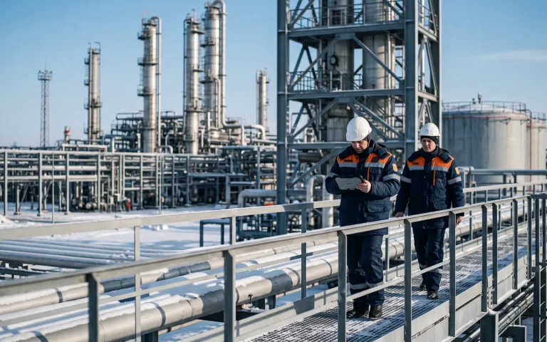 Инженеры на территории нефтехимического производства зимой