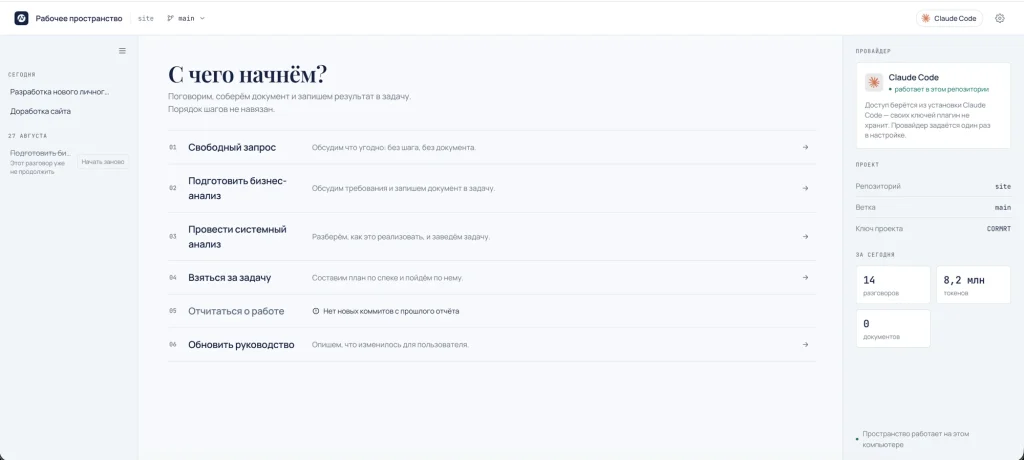 Рабочее пространство AI-Платформы: список шагов процесса, панель проекта и счётчики за день